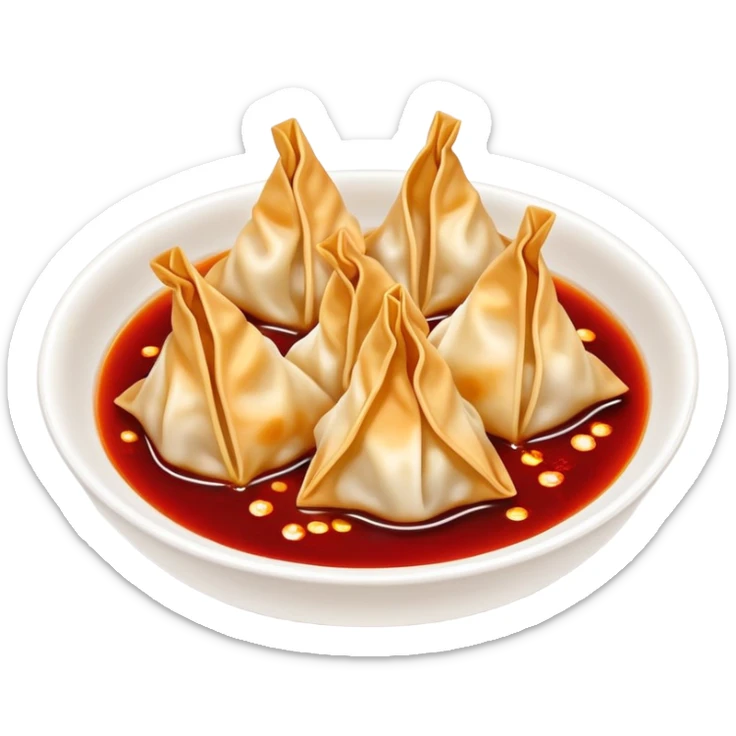 Chengdu Long Chaoshou wonton with red oil sauce on top, simplified emoji style with bold outlines and bright colors, cartoon style Sichuan style wontons sticker