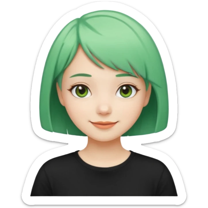 Girl with Mint Bob Cut – short green hair, cheerful smile, black t-shirt sticker