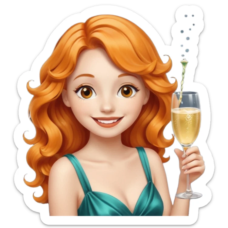 A shy young woman with orange wavy hair gently takes her first small sip of champagne, smiling with excitement. sticker
