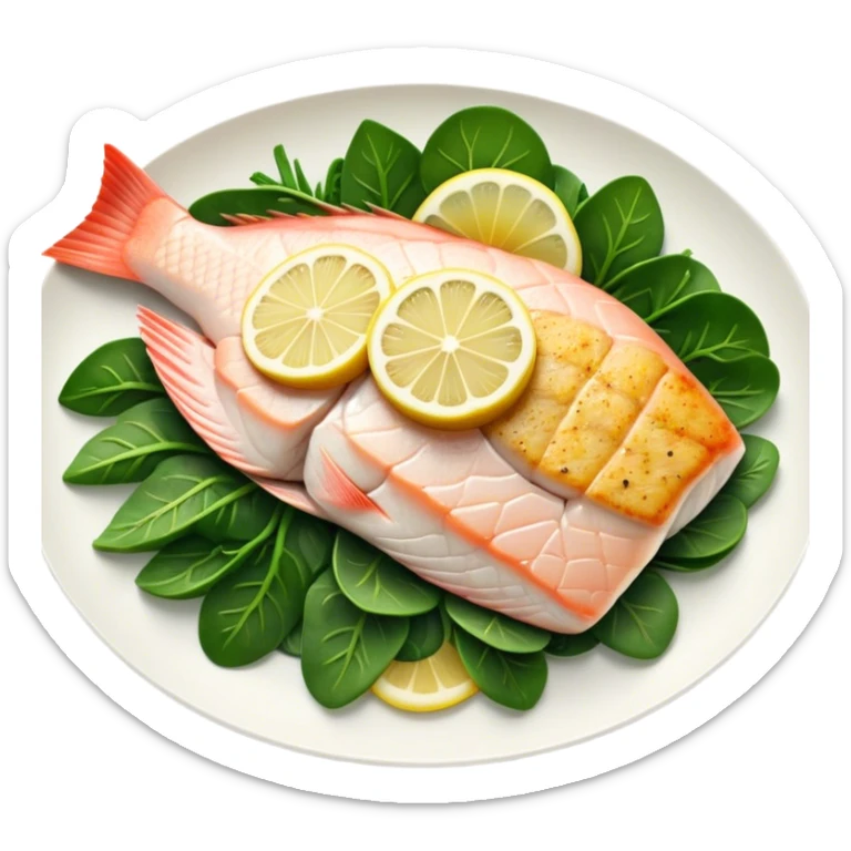 Cinematic fresh snapper fillet, pan-seared to golden perfection, soft and flaky texture, resting on a bed of sautéed greens, warm glowing background, refined and elegant. sticker