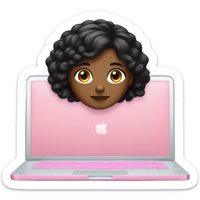 Brown skin girl with black hair sitting at pink MacBook  sticker