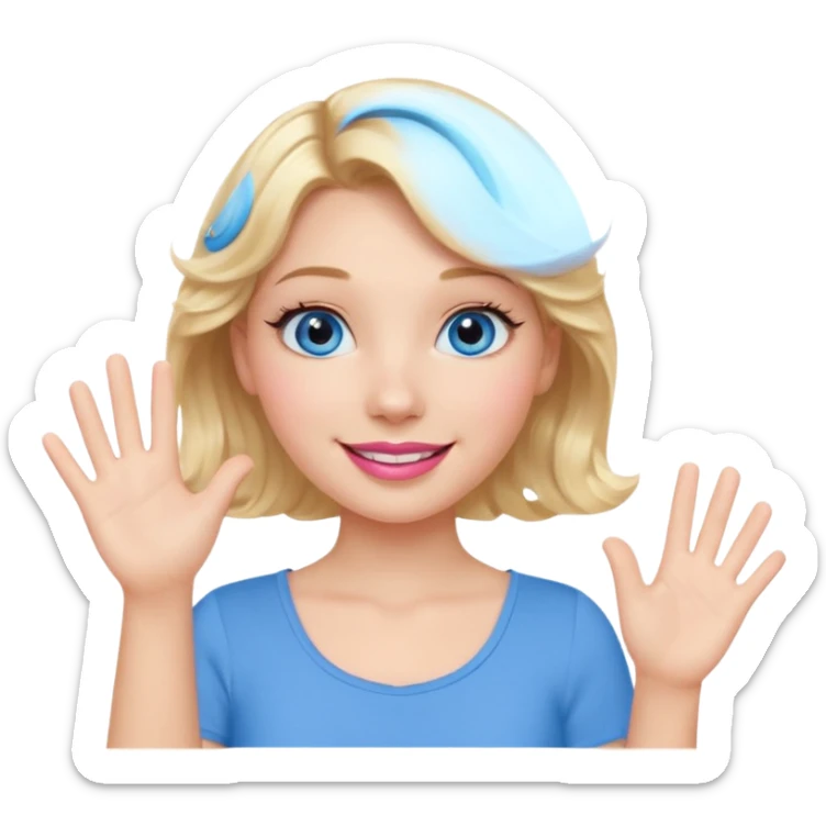 Girl Blonde short wavy hair,  blue eyes, cute blue top, long lashes, pink lips, smiling, waving hello  sticker
