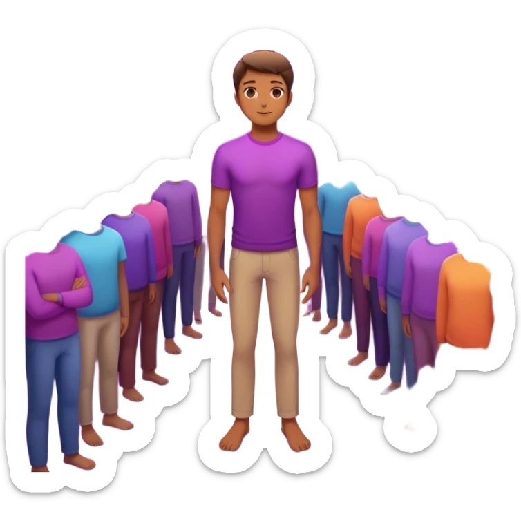 A charismatic person standing confidently in the center of a room, radiating a violet warm bright aura glow, he is calm with a lot of people around sticker