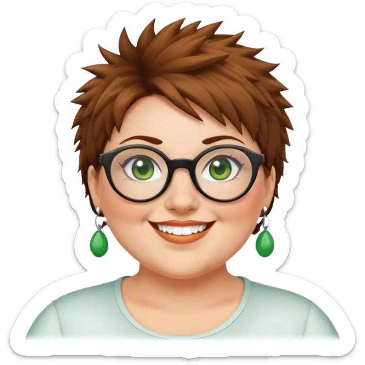  plus size white women round nose with short  brown shaggy spiked hair wearing glasses green eyes smiling sticker