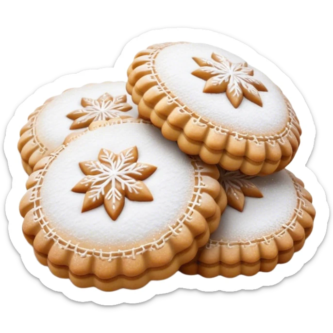 Ma'amoul Cinematic Realistic Ma'amoul Dessert Emoji, depicted as one or two delicate, date-filled cookies lightly dusted with powdered sugar, rendered with intricate textures and warm, inviting lighting. sticker