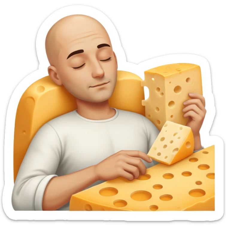 An attractive, bald Italian man sleeping outside with a block of cheese sticker