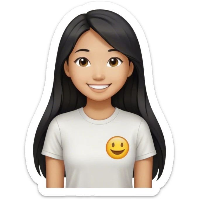 an asian girl smiling with straight black and long hair, slight waves, tshirt sticker