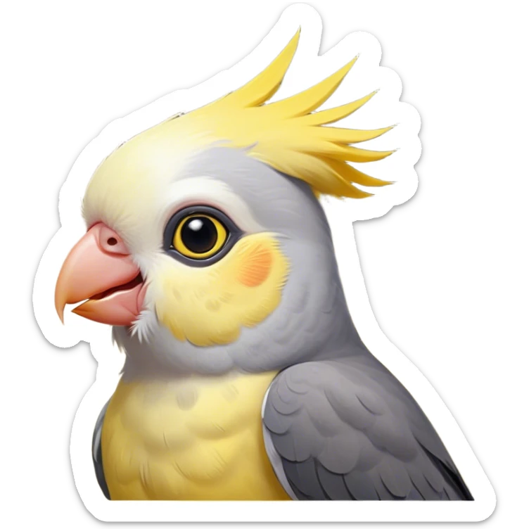 Cinematic Cute Cockatiel Portrait Emoji, Head tilted playfully and inquisitively, featuring a smooth grey fur with bright yellow accents and a perky crest, round, sparkling dark eyes filled with curiosity, Simplified yet irresistibly adorable features, highly detailed, glowing with a warm, friendly glow, high shine, affectionate and lively, stylized with a touch of whimsy, bright and endearing, soft glowing outline, capturing the essence of a mischievous yet loving cockatiel, so playful it feels like it could chirp out of the screen and into your arms! sticker