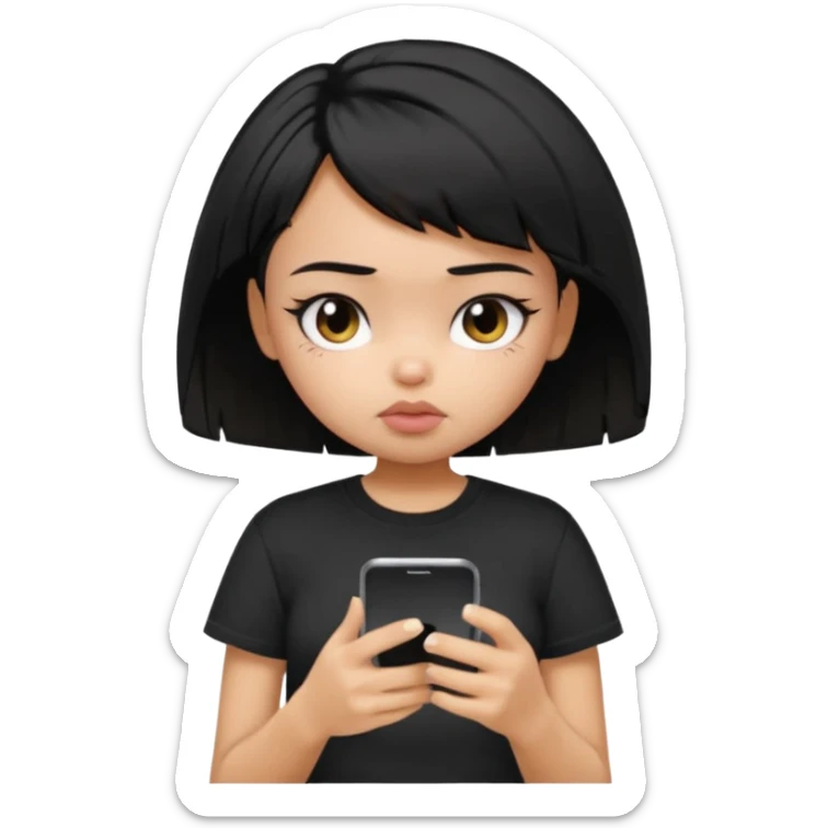 generate a pretty bratz girl with short black messy hair, looking tired and using her phone, wearing an oversized black tshirt sticker