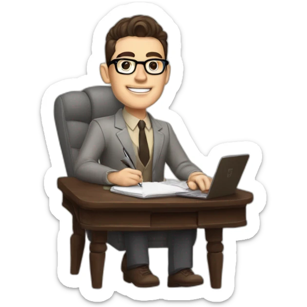Pale skinned Fit Man With dark brown hair in gray jacket, beige office shirt and vintage glasses sitting In a soft chair with a notebook with emblem Ψ and a pen in his hands sticker