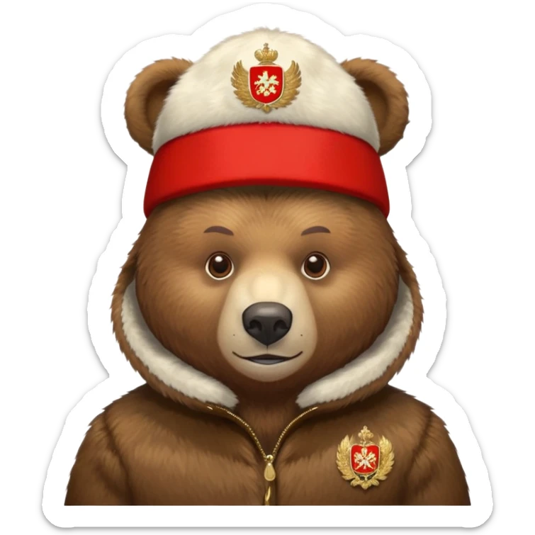 Russian brown bear wearing a red ushanka hat with Russian coat of arms emblem, front view, iOS emoji style sticker