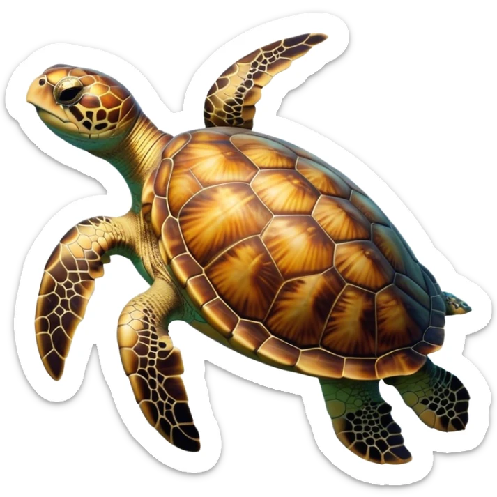 Cinematic Noble Sea Turtle Portrait Emoji, Poised and wise, with a majestic, domed shell adorned with rich, textured patterns and a smooth, ancient body gliding gracefully through the water, deep, reflective eyes exuding calm wisdom, Simplified yet sharp and sophisticated features, highly detailed, glowing with a soft, oceanic glow, high shine, intelligent and graceful, stylized with an air of timeless marine majesty, focused and serene, soft glowing outline, capturing the essence of a watchful and confident sea guardian that appears ready to glide out of the screen with effortless authority! sticker