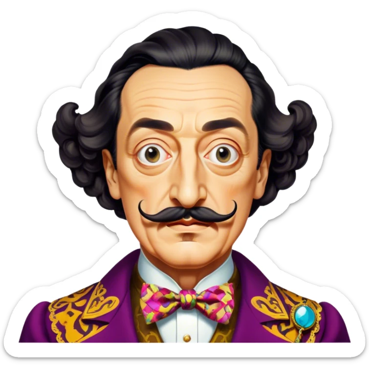 Cinematic Realistic portrait of Salvador Dalí, depicted as a surrealist artist with eccentric, expressive features and his iconic mustache, rendered with vibrant, imaginative lighting and richly detailed period attire that capture his avant-garde essence. sticker
