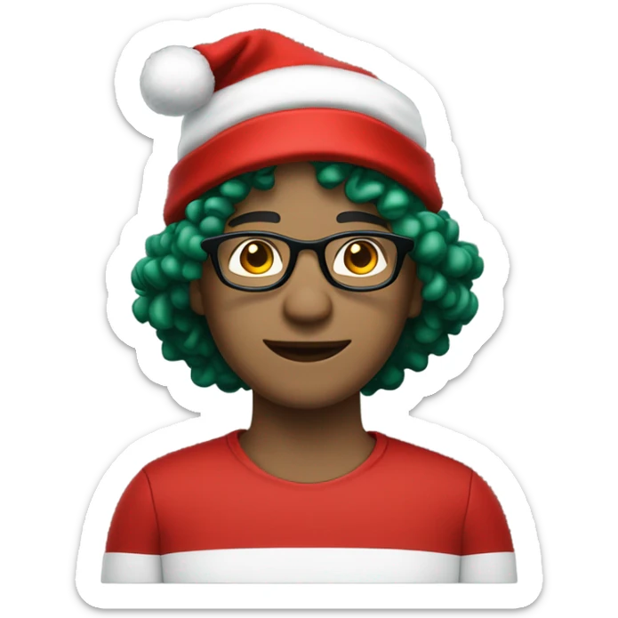 Unisex person ’light skin’ ’short curly dark green hair’ in a ’red Santa hat’ and black tshirt and round glasses  sticker