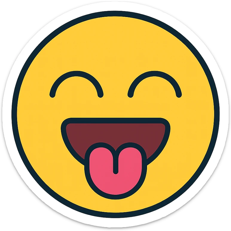 excited emoji with closed eyes, open mouth, tongue up to top lip, icon style sticker