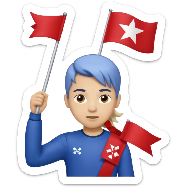 A pony tail hair boy holding a big team flag, waving it proudly with a determined expression. sticker