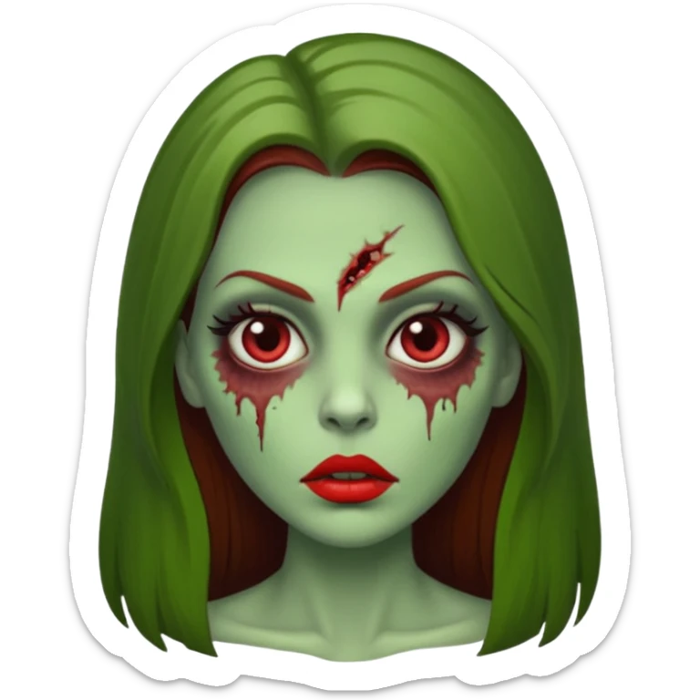 Zumbi feminino, de pele verde, cabelo longo liso e castanho. Labios vermelhos, rosto oval e cilios grandes sticker