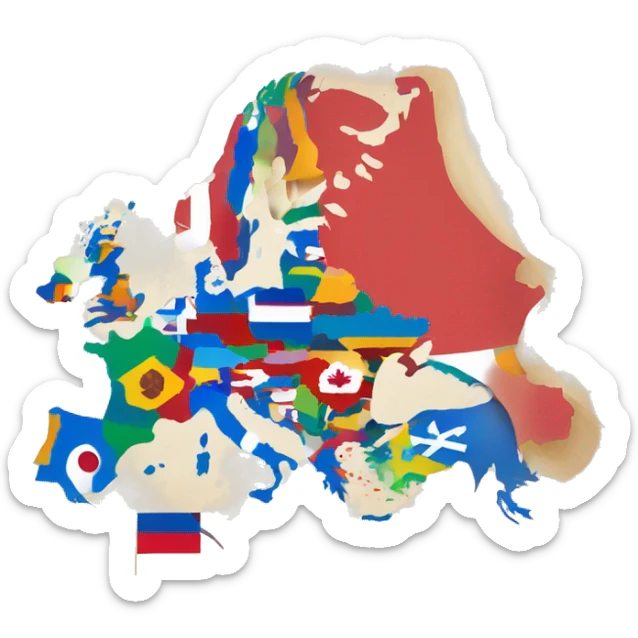world map of europe and every country is colored by their country flag sticker