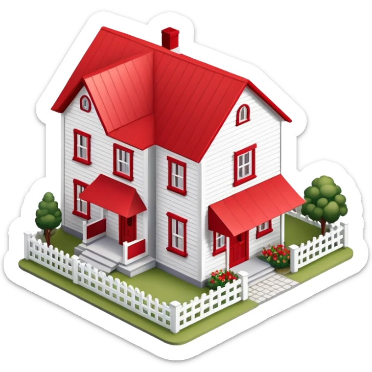 Red and white farmhouse exterior, isometric dollhouse-style, highly detailed  sticker