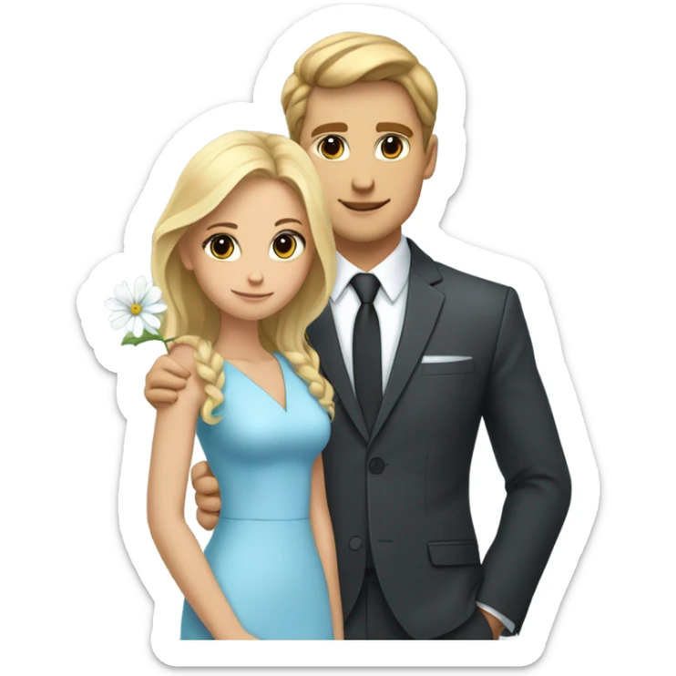 pretty blonde girl in light  blue dress with big breasts with a very cute brown haired boy in a black suit with a matching light blue tie with his arm around her and a white flower in his jacket pocket sticker