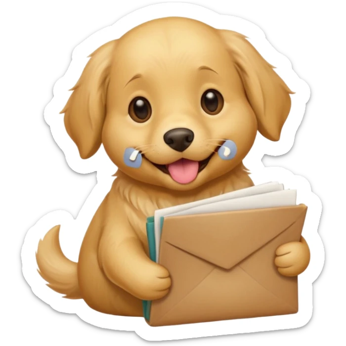 cute golden retriever emoji holding several resumes in its mouth, happy and proud, no hands, simple bold lines, apple emoji style sticker