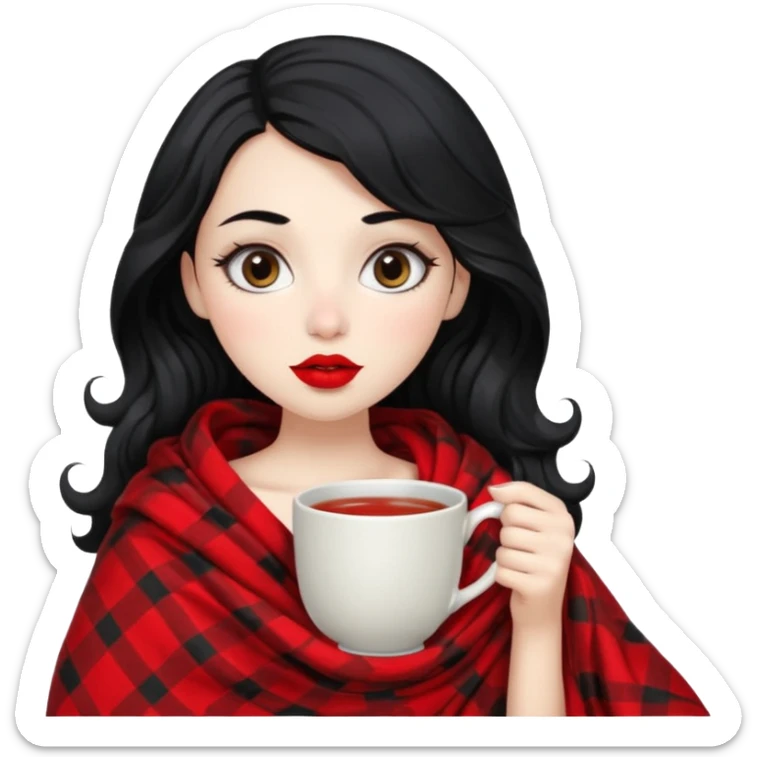 Long wavy Black haired, white skinned, black big eyed girl with red lipstick wrapped in a blanket, sipping tea sticker