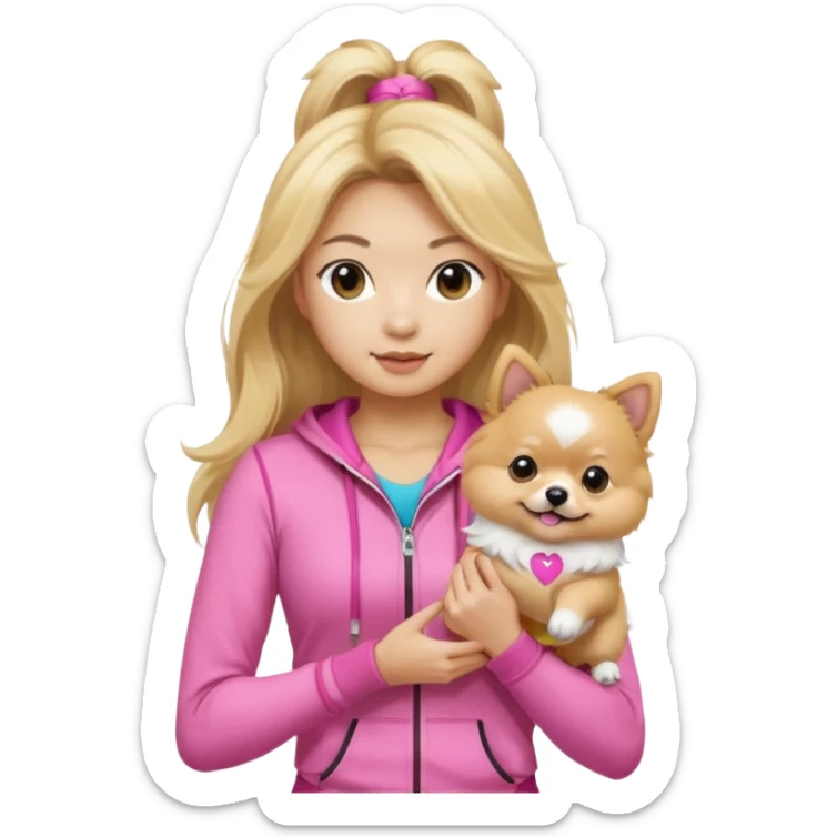 An Asian lady with long, blonde balayage hair, blonde highlights, wearing a pink gym outfit, holding a Pomeranian sticker