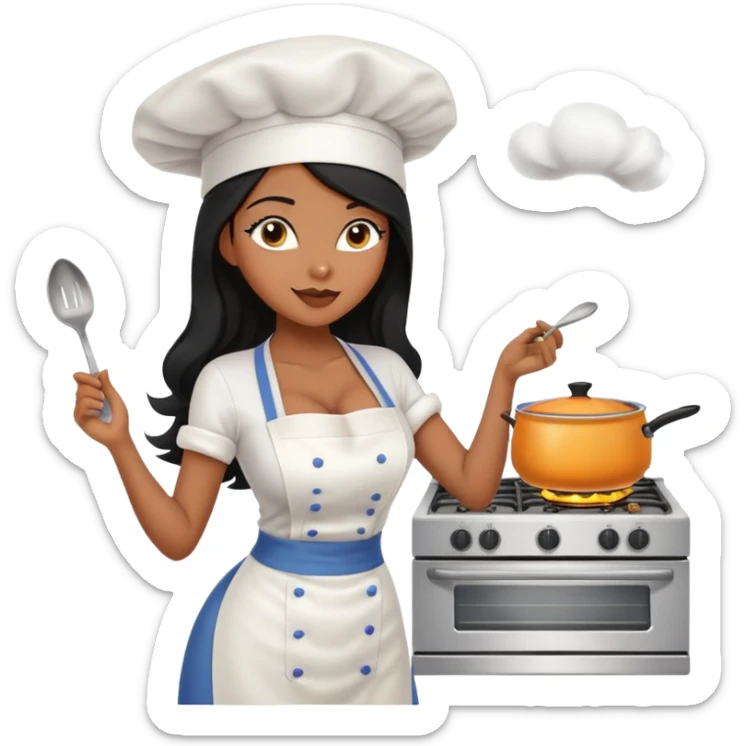 cooking stove with pot, black long hair tanned woman, bra, stockings, chef hat sticker