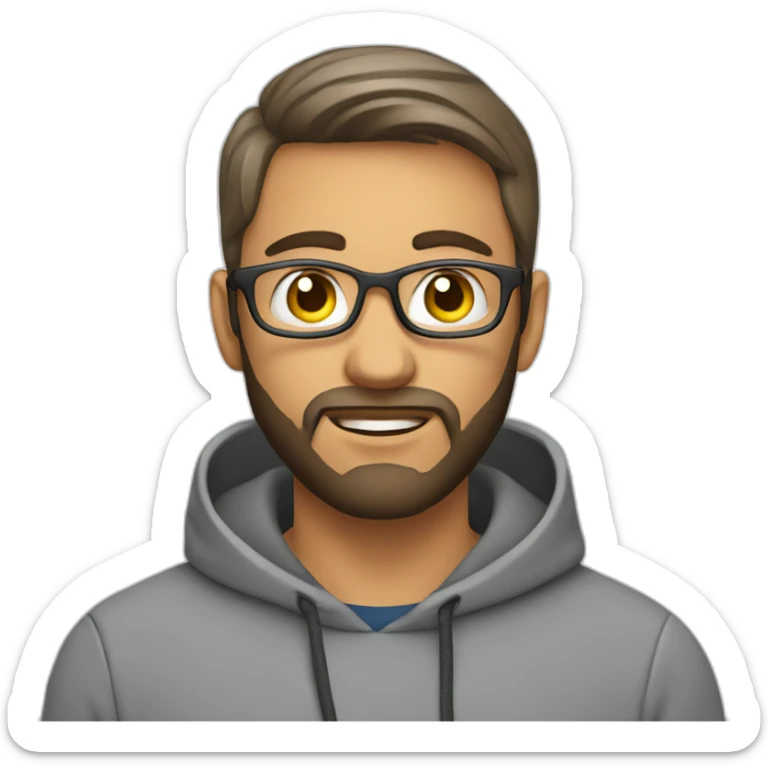 A project manager in a gray hoodie and with a short beard in front of an apple laptop sticker