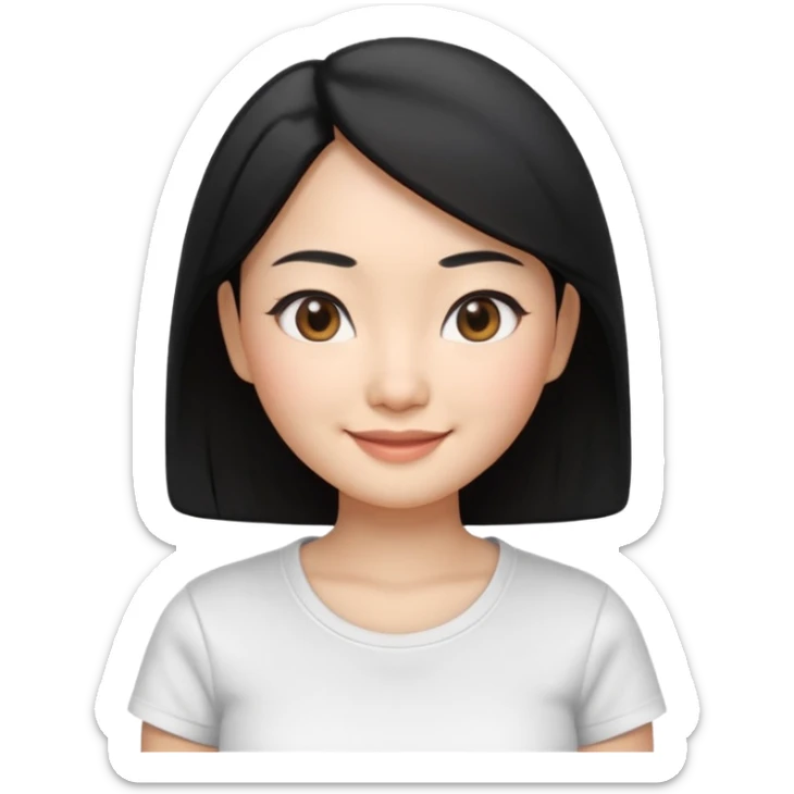Apple Memoji style, young Asian woman, almond eyes, black hair,
smiling, smooth 3D render, soft gradients, white background,
square format, no text
 sticker