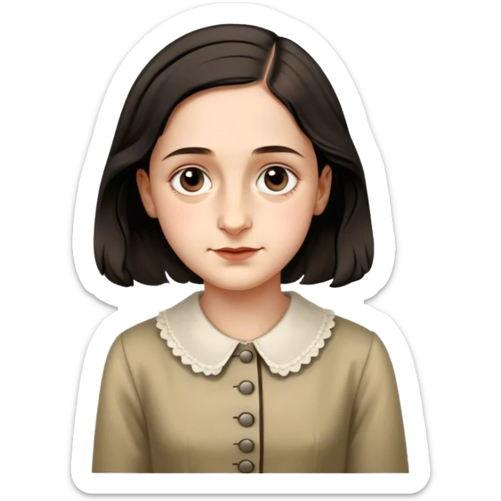 Anne Frank – Cinematic Realistic Portrait of Anne Frank, depicted with a reflective, gentle expression in period clothing, her eyes conveying hope and resilience, rendered with soft, natural lighting and delicate textures that capture the poignancy of her legacy. sticker