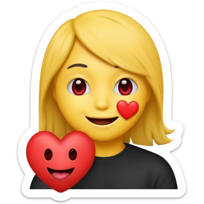 yellow emoji face holding a heart and hes so happy with emo hair covering one eye so happy with teeth and tongue sticker