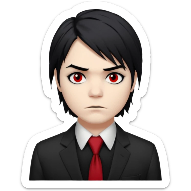 Gerard Way (Revenge Era)
Round, simplified emoji style
Pale skin tone dark eyes
-black, shoulder-length hair messy and emo
Heavy eyeliner and shadow under the eyes
Subtle serious face
Hint of red tie visible on black button up shirt.
Transparent background. Black eyeliner. Messy emo hair sticker