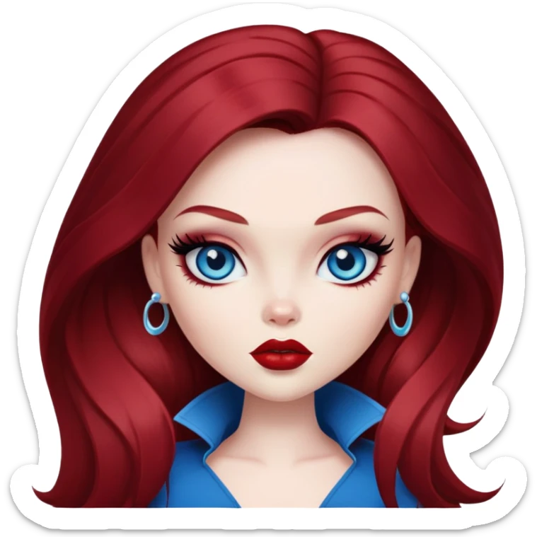 bratz pretty baddie, dark red hair, pale skin, long hair, blue eyes, makeup sticker