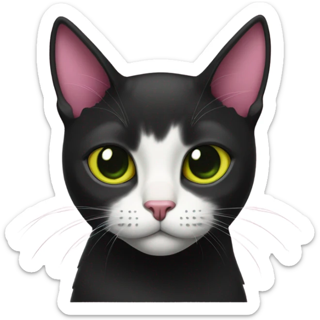 fully black shorthair cat with pink ears on the inside and eyes who’s color is green around the pupil and yellow around the green  sticker