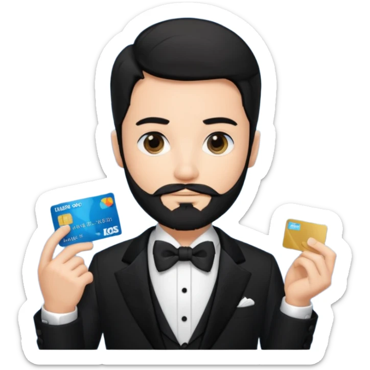 make a genmoji of a boy with a an amex card in hand and wearing a tux, black hair. bearded sticker