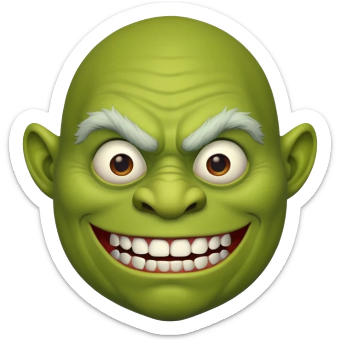 ugly green ogre with no hair a black mouth with janky white teeth sticker