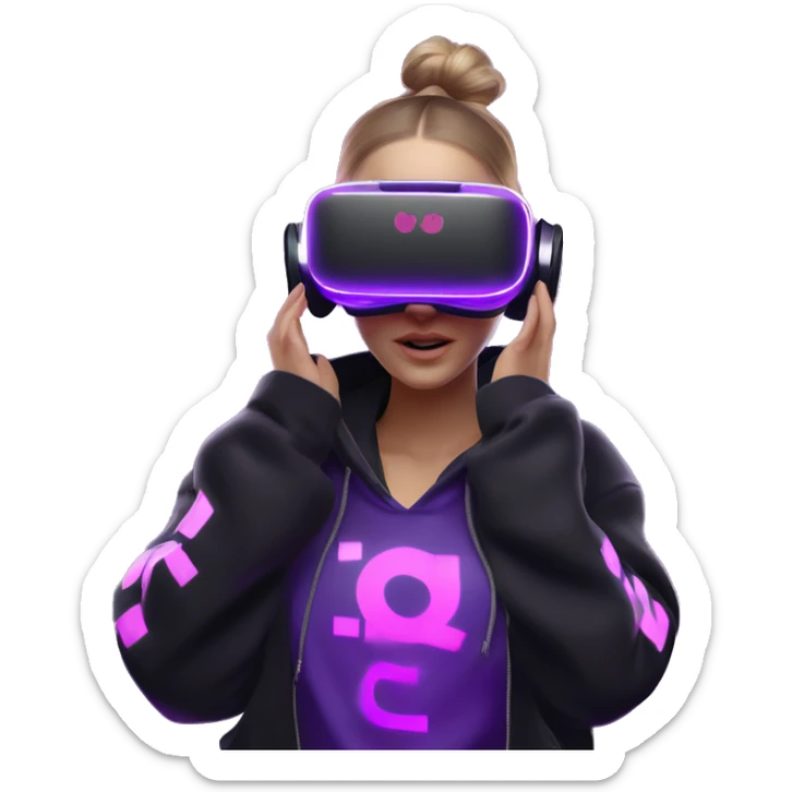 Russian girl wearing black hoody with violet letters "OMG", in vr headset oculus quest2. Dancing. Cyberpunk style. Violet neon. sticker
