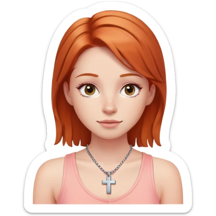 Auburn ginger haired girl with eyelashes wearing a cross necklace and a light coral pink tank top sticker