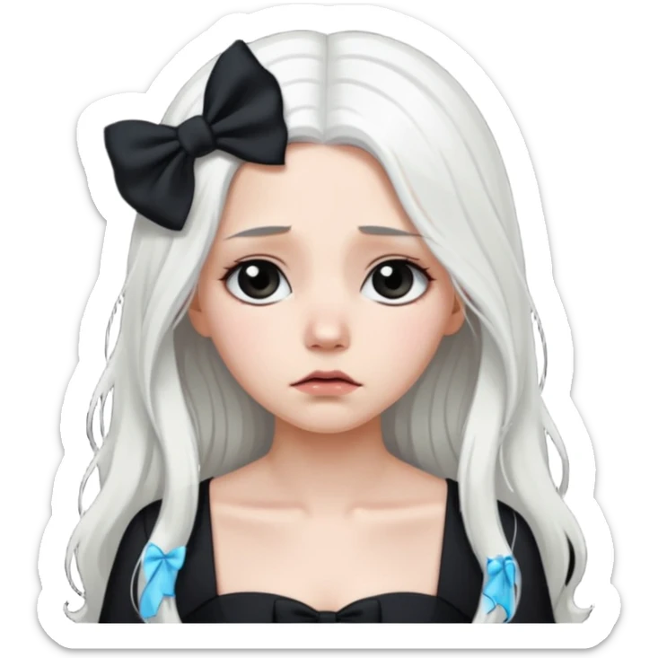 white long hair girl with black bow on her hair wearing black gown with a sad face sticker