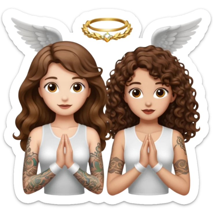 fake angel pose — long wavy brown hair tattooed woman and short tight curly brown hair woman — halo sparkle sticker