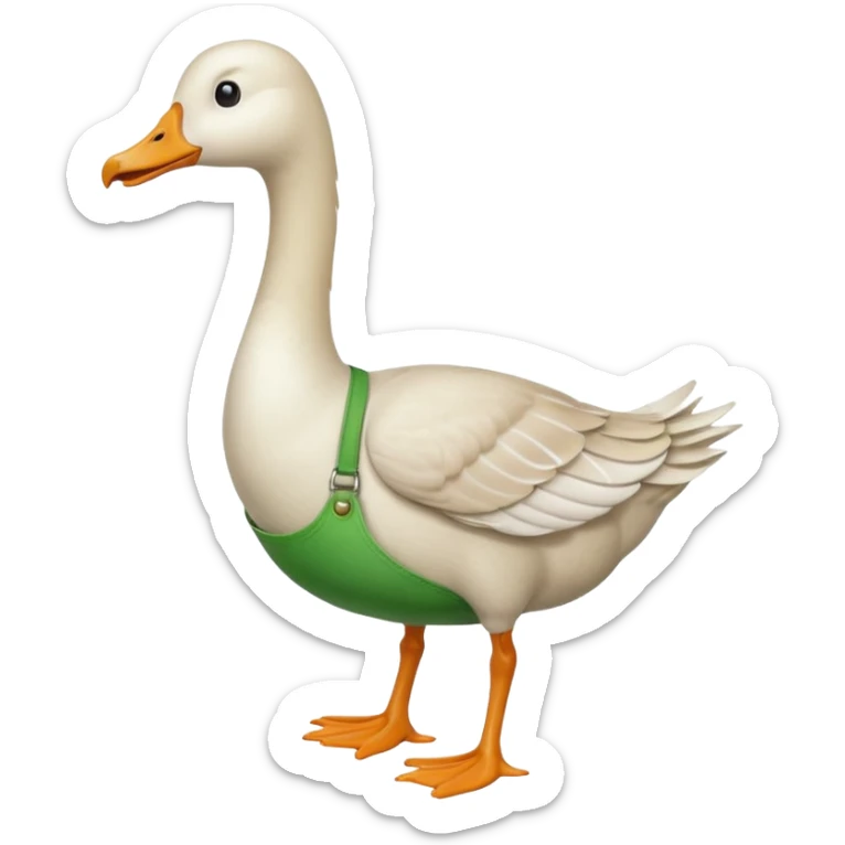 "Emoji of a white running goose with a very very long neck and two legs. The goose wears bright green dungarees." sticker