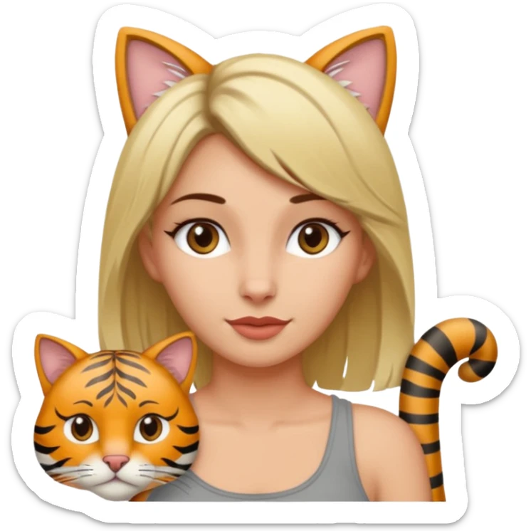 Une femme avec les cheveux dégradée, brun et blond, qui fait un câlin à son chat gris, tigré avec les extrémités que pattes et pointe d’oreilles noires et le dessous du menton blanc sticker