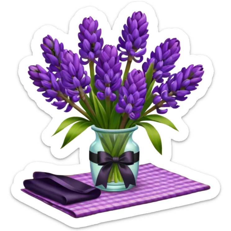 A lush bouquet of bright prple color Hyacinths black satin ribbon, resting on an antique wooden table, with a pale yellow and pink plaid pattern table cloth sticker