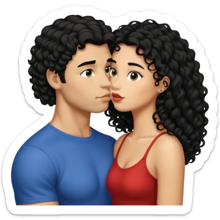 a strong man with straight short black hair kissing a shorter girl with long black curly hair sticker
