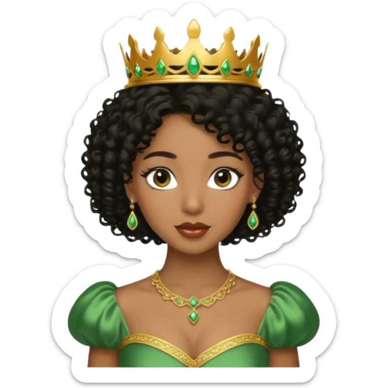 balck princess with black curly hair and a golden tiara. Green dress sticker