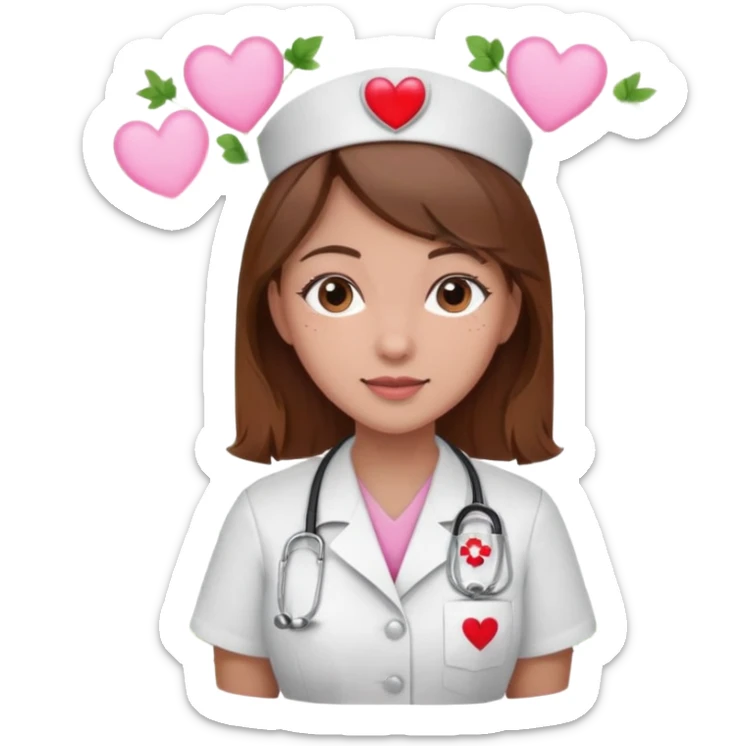 Brown hair Nurse with pink heart and flowers surround her in a random pattern sticker