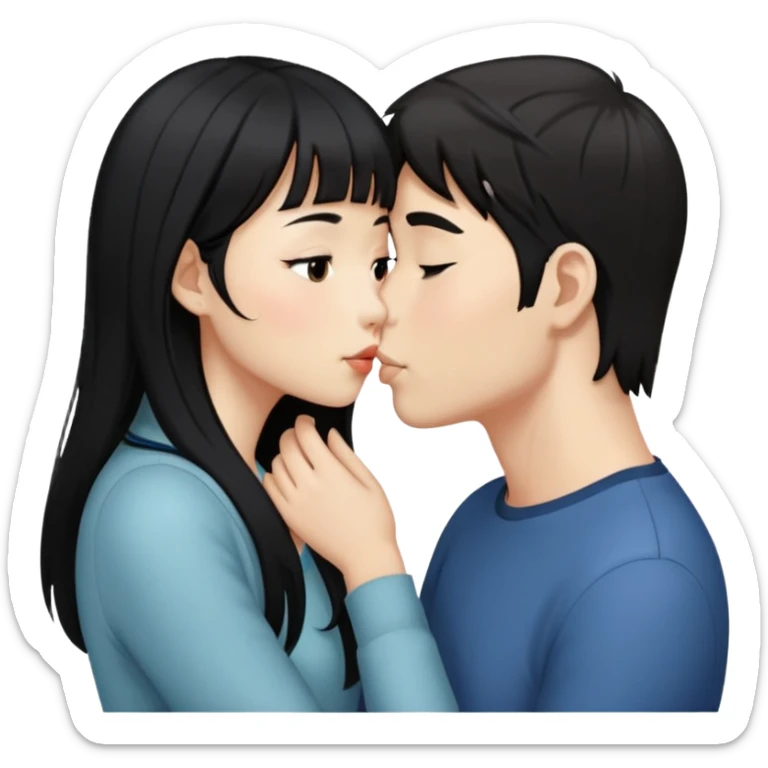Asian girl with long black hair and side swept bangs, kissing a white guy with dark brown hair that’s short sticker
