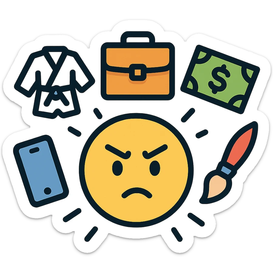 Yellow emoji with karate dogs, a briefcase, money, a phone and a paintbrush flying in its aura sticker