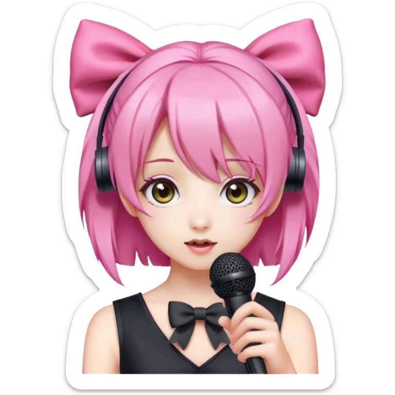 Momo Momone, anime-style virtual singer with pink hair and a bow, holding a microphone sticker
